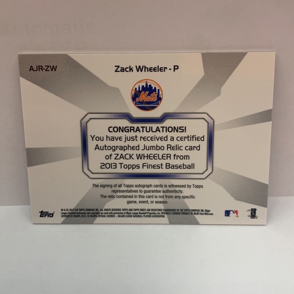 2013 Topps Finest Jumbo Relic Refractor Auto Zack Wheeler #AJR-ZW (MISC8) - Picture 2 of 2